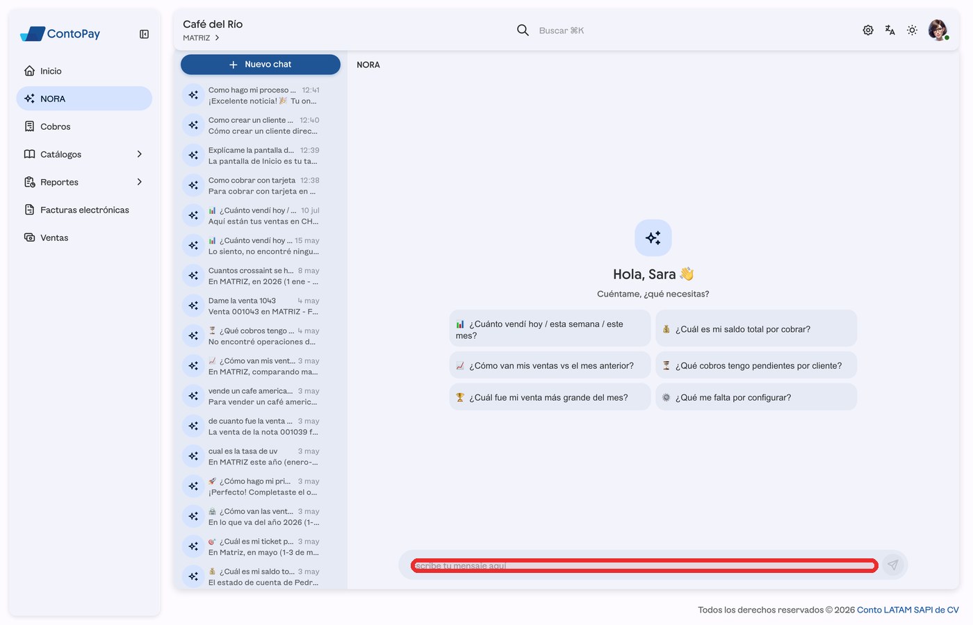 Nuevo chat de NORA en ContoPay web con el campo de mensaje resaltado en rojo.