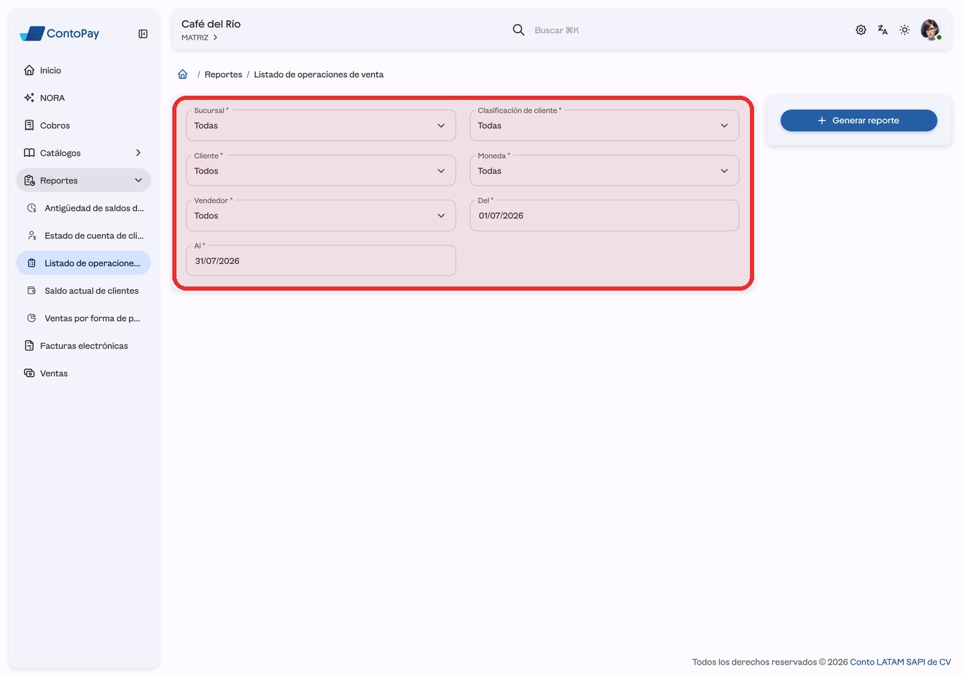 Formulario del reporte Listado de operaciones de venta de ContoPay web con los filtros resaltados en rojo.