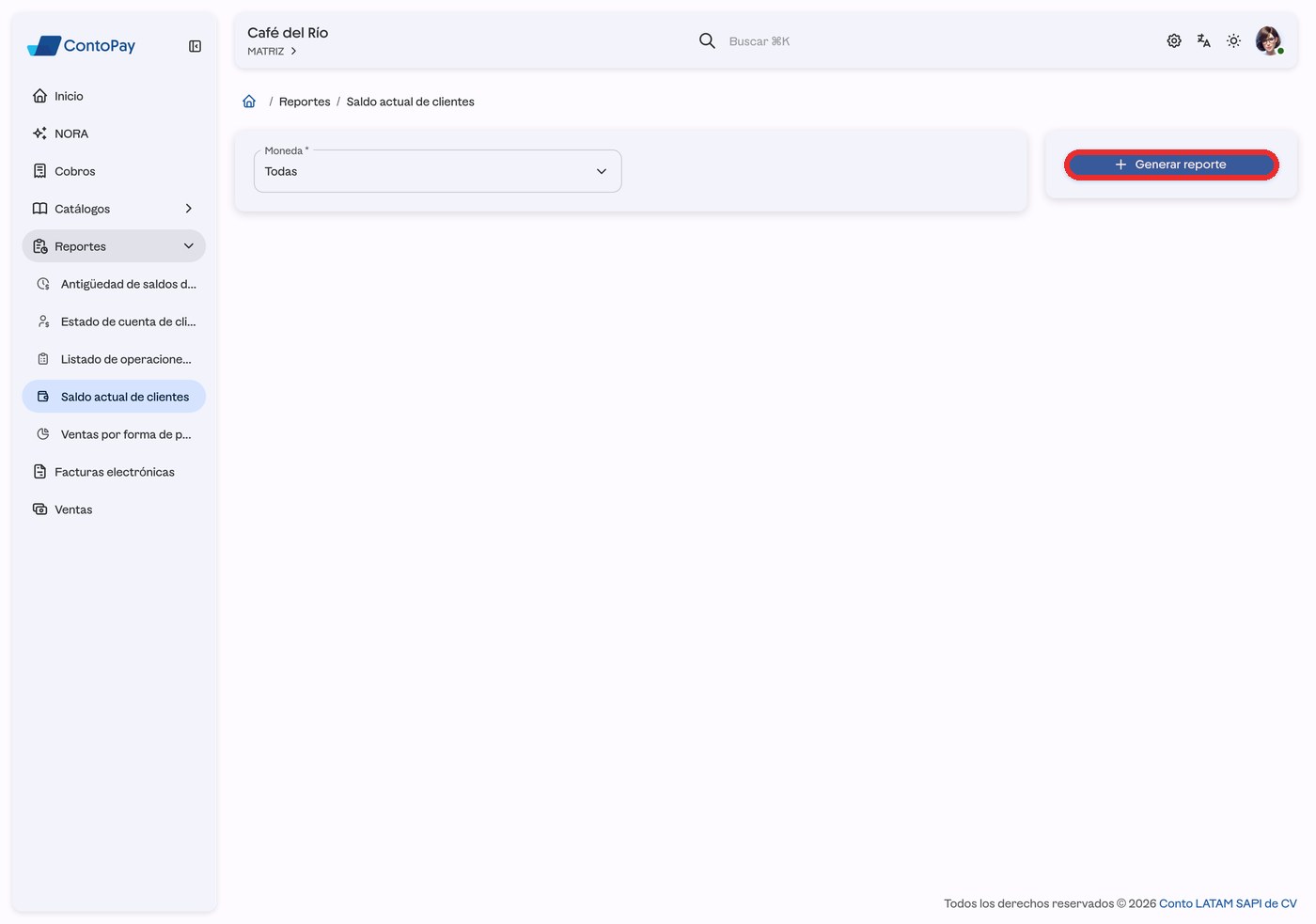 Formulario del reporte Saldo actual de clientes de ContoPay web con el botón Generar reporte resaltado en rojo.