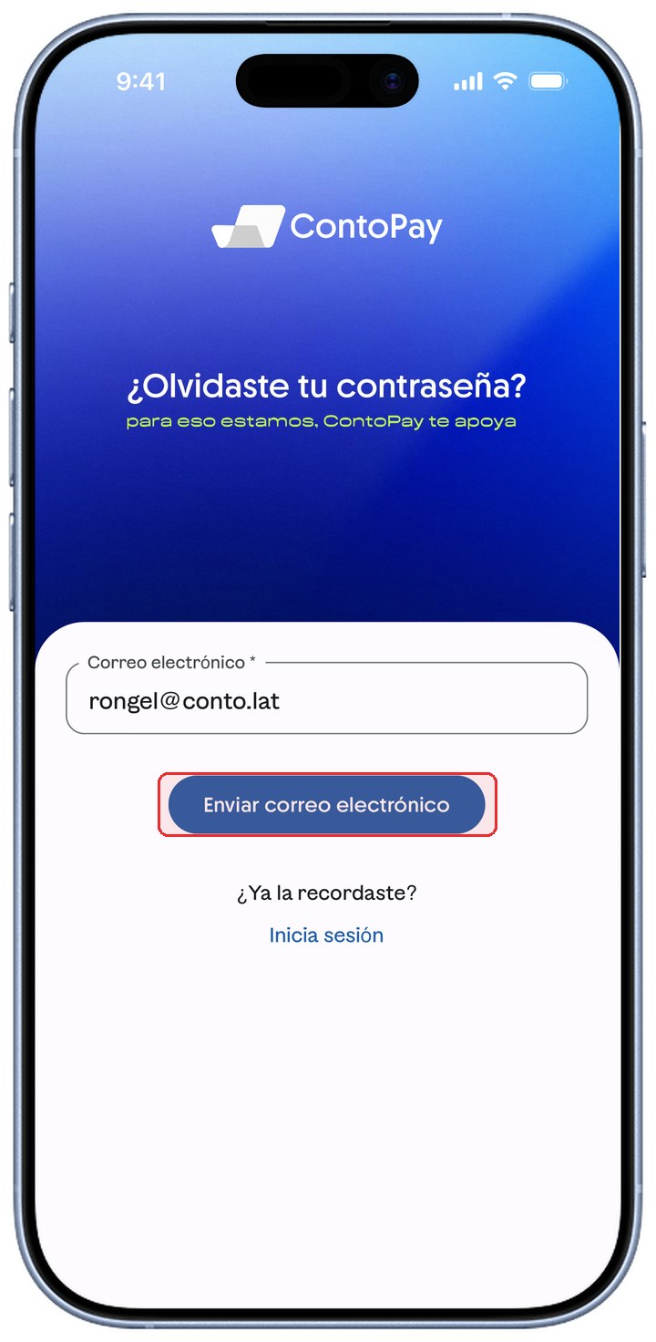 Pantalla de recuperación de ContoPay con el botón Enviar correo electrónico resaltado en rojo.
