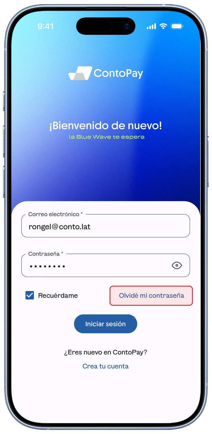 Pantalla de inicio de sesión de ContoPay con el enlace Olvidé mi contraseña resaltado en rojo.