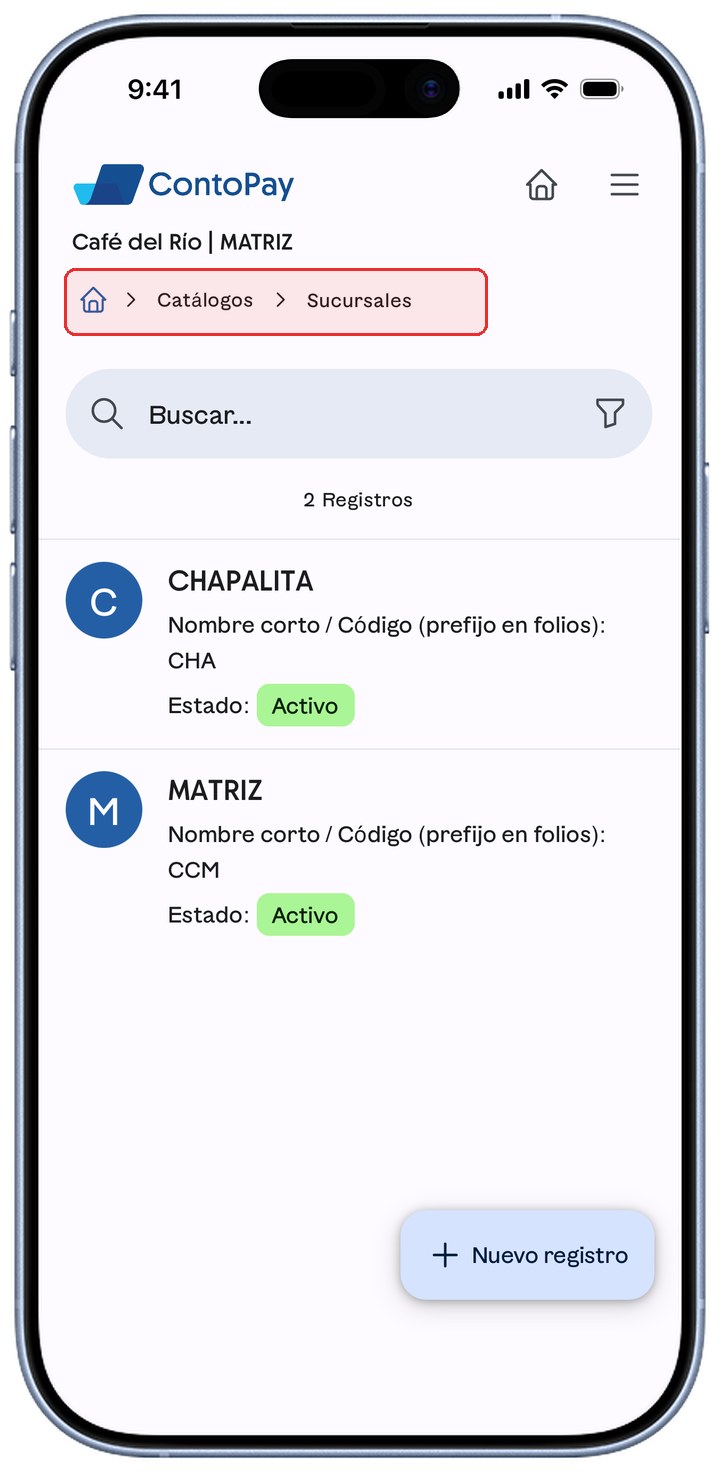 Catálogo de Sucursales de ContoPay con la migaja resaltada en rojo.