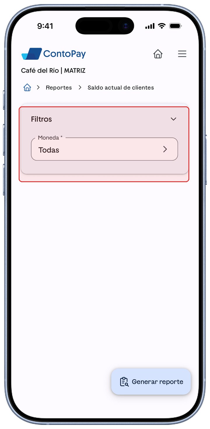 Reporte de ContoPay con la tarjeta Filtros (solo Moneda) resaltada en rojo.