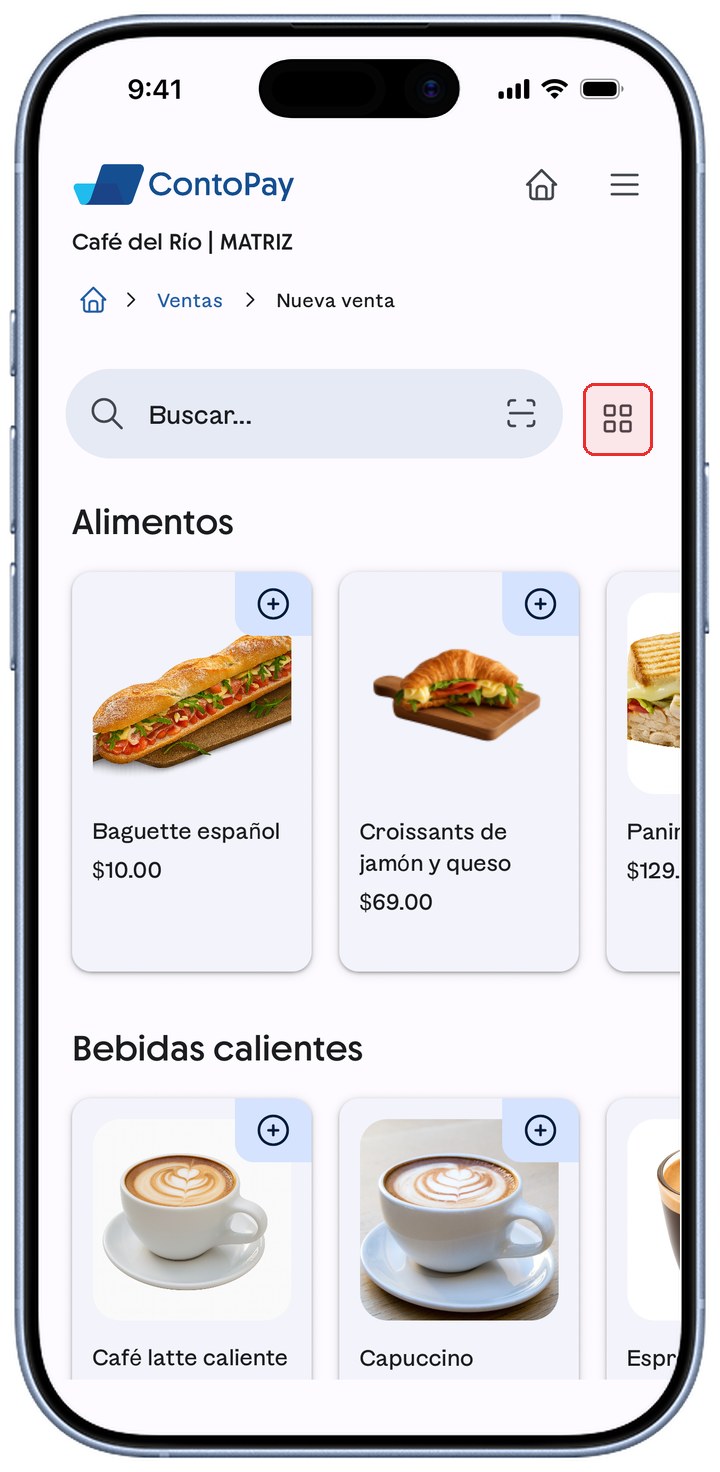 Catálogo de ContoPay con las categorías como carruseles horizontales y el botón de vista resaltado en rojo.