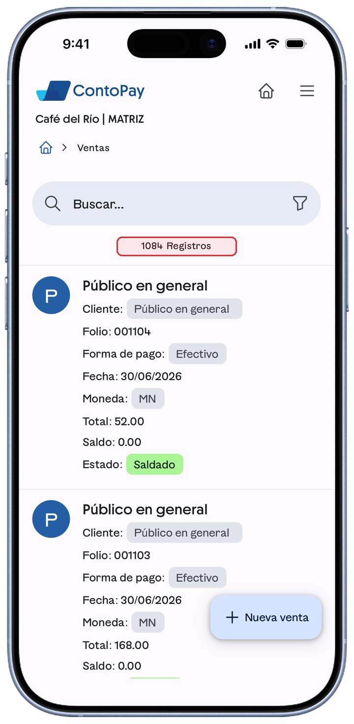 Listado de Ventas de ContoPay con el contador de registros resaltado en rojo.