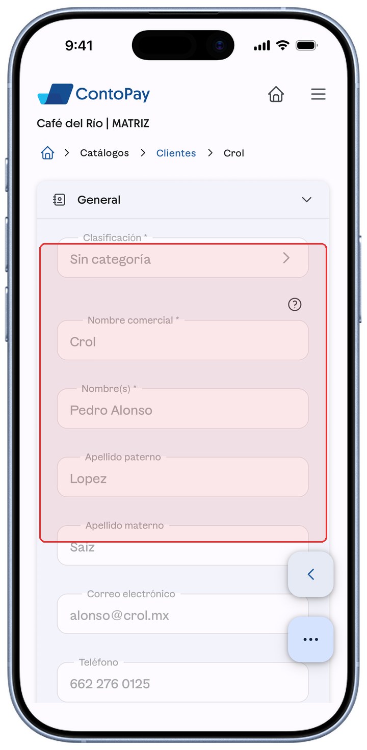 Ficha de cliente de ContoPay en solo lectura con los campos resaltados en rojo.