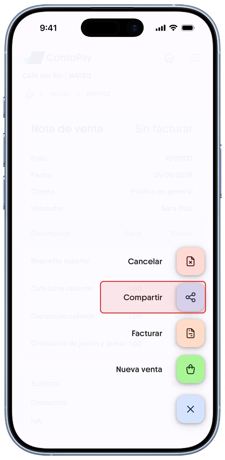 Menú de acciones de la nota en ContoPay con la opción Compartir resaltada en rojo.