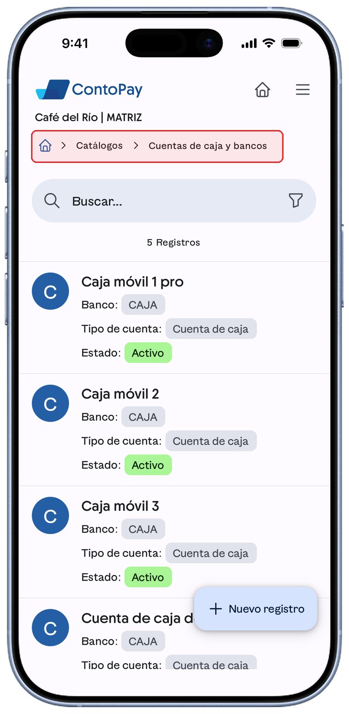 Catálogo de Cuentas de caja y bancos de ContoPay con la migaja resaltada en rojo.