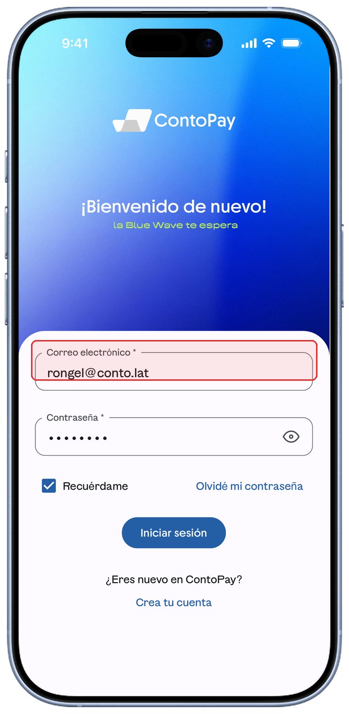 Pantalla de inicio de sesión de ContoPay con el campo Correo electrónico resaltado en rojo.