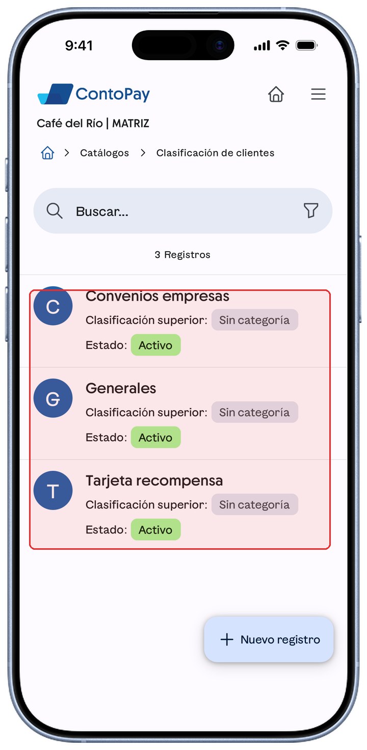 Catálogo Clasificación de clientes de ContoPay con la lista de clasificaciones resaltada en rojo.