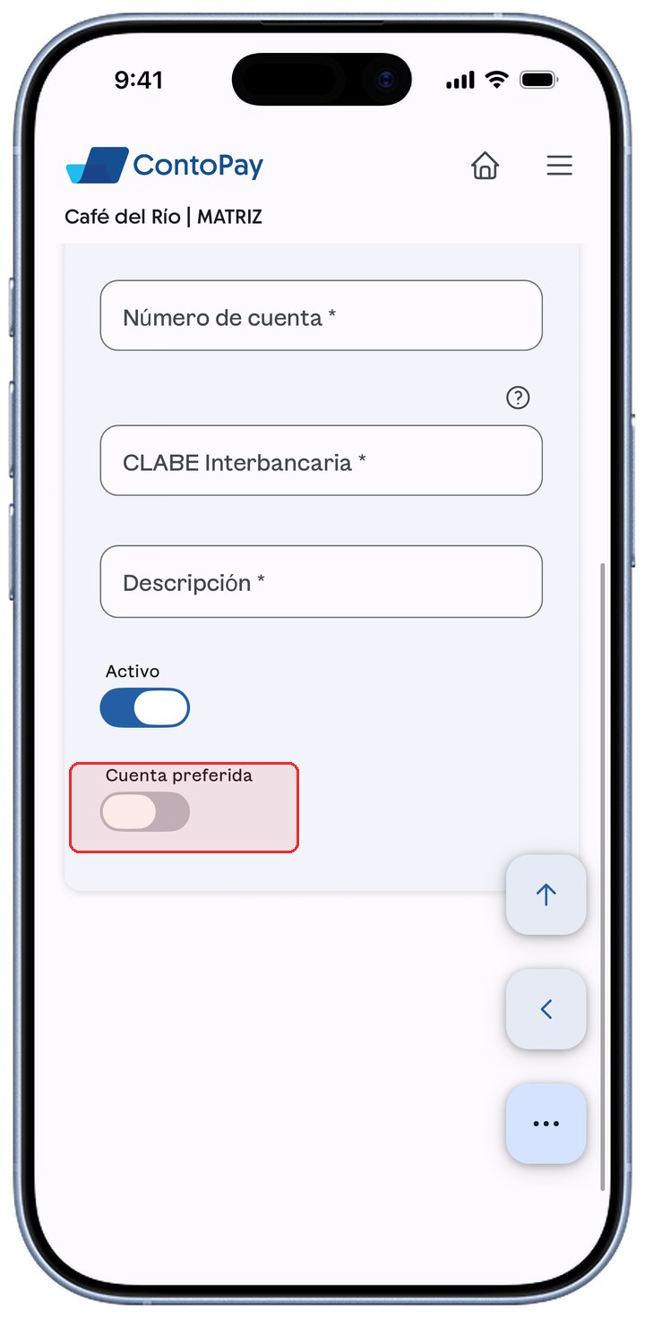 Formulario de cuenta de ContoPay con el switch Cuenta preferida resaltado en rojo.