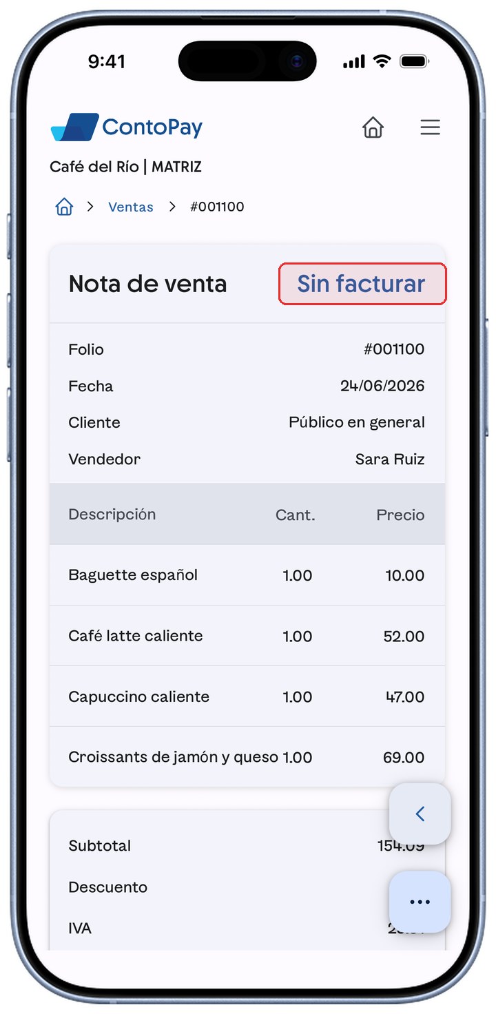 Nota de venta de ContoPay con el estado Sin facturar resaltado en rojo.