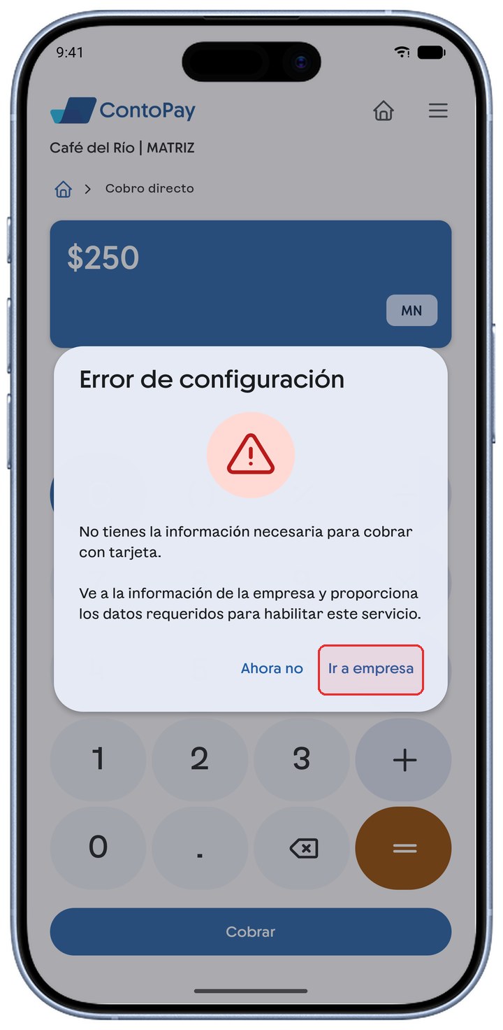 Error de configuración de ContoPay con el botón Ir a empresa resaltado en rojo.