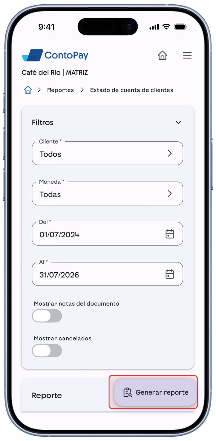 Reporte de ContoPay con el botón Generar reporte resaltado en rojo.