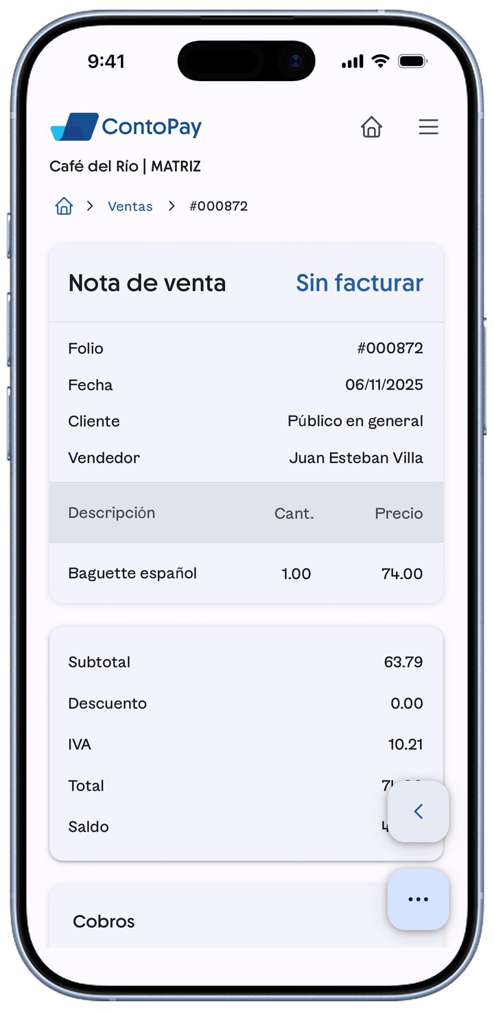 Detalle (nota de venta) de una venta abierta en ContoPay.