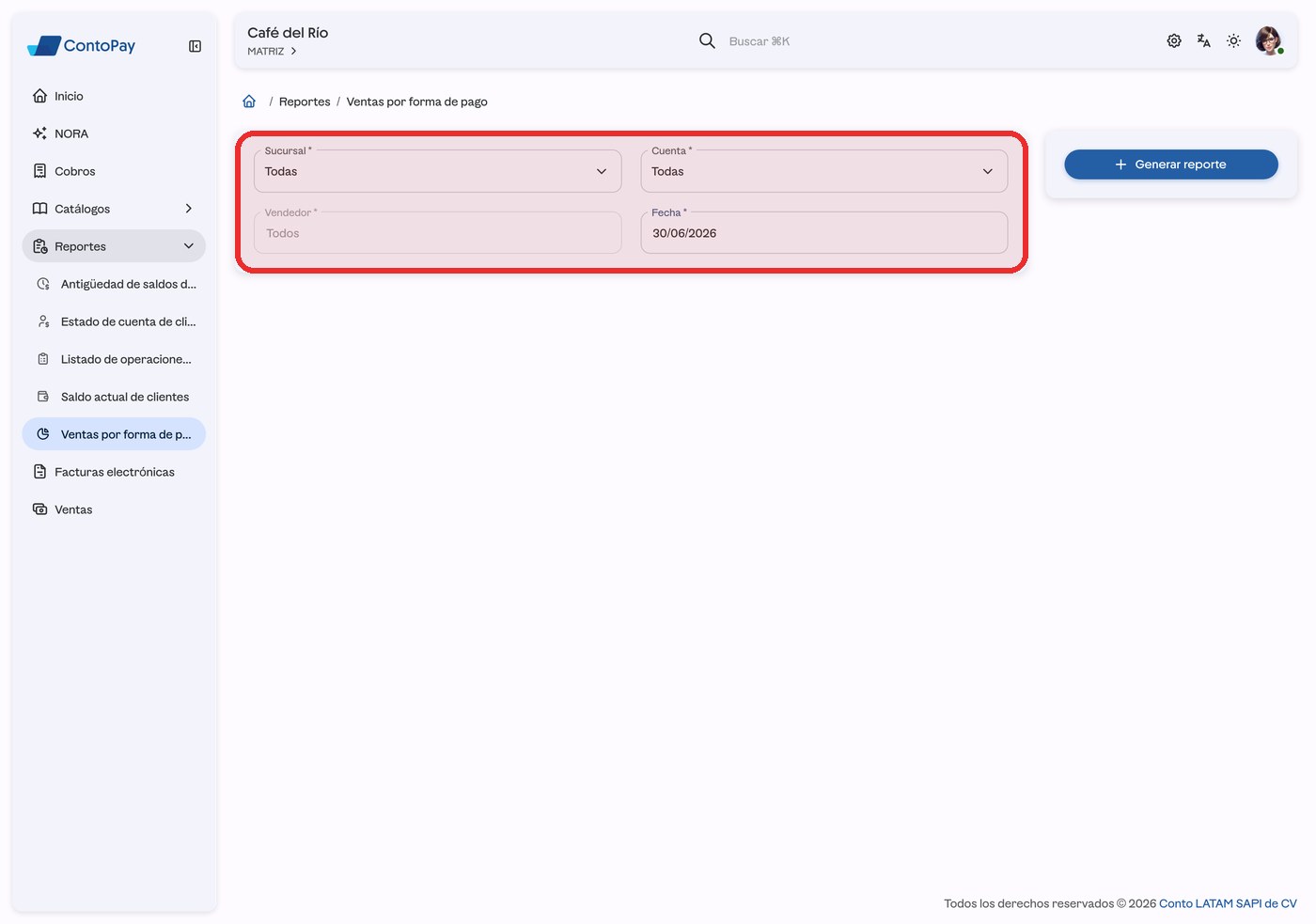Formulario del reporte Ventas por forma de pago de ContoPay web con los filtros resaltados en rojo.