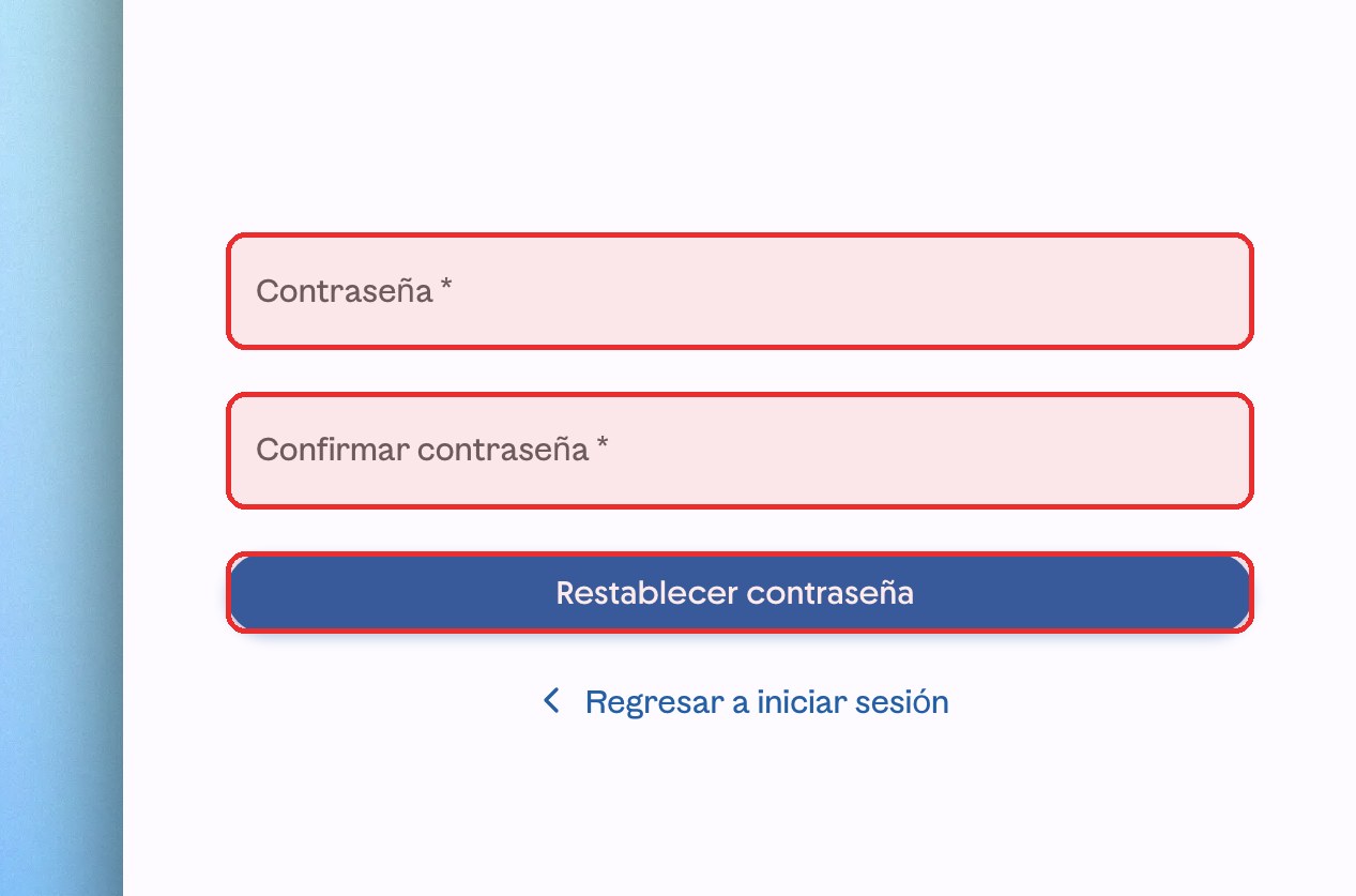 Pantalla Restablece tu contraseña de ContoPay web con los campos y el botón resaltados en rojo.