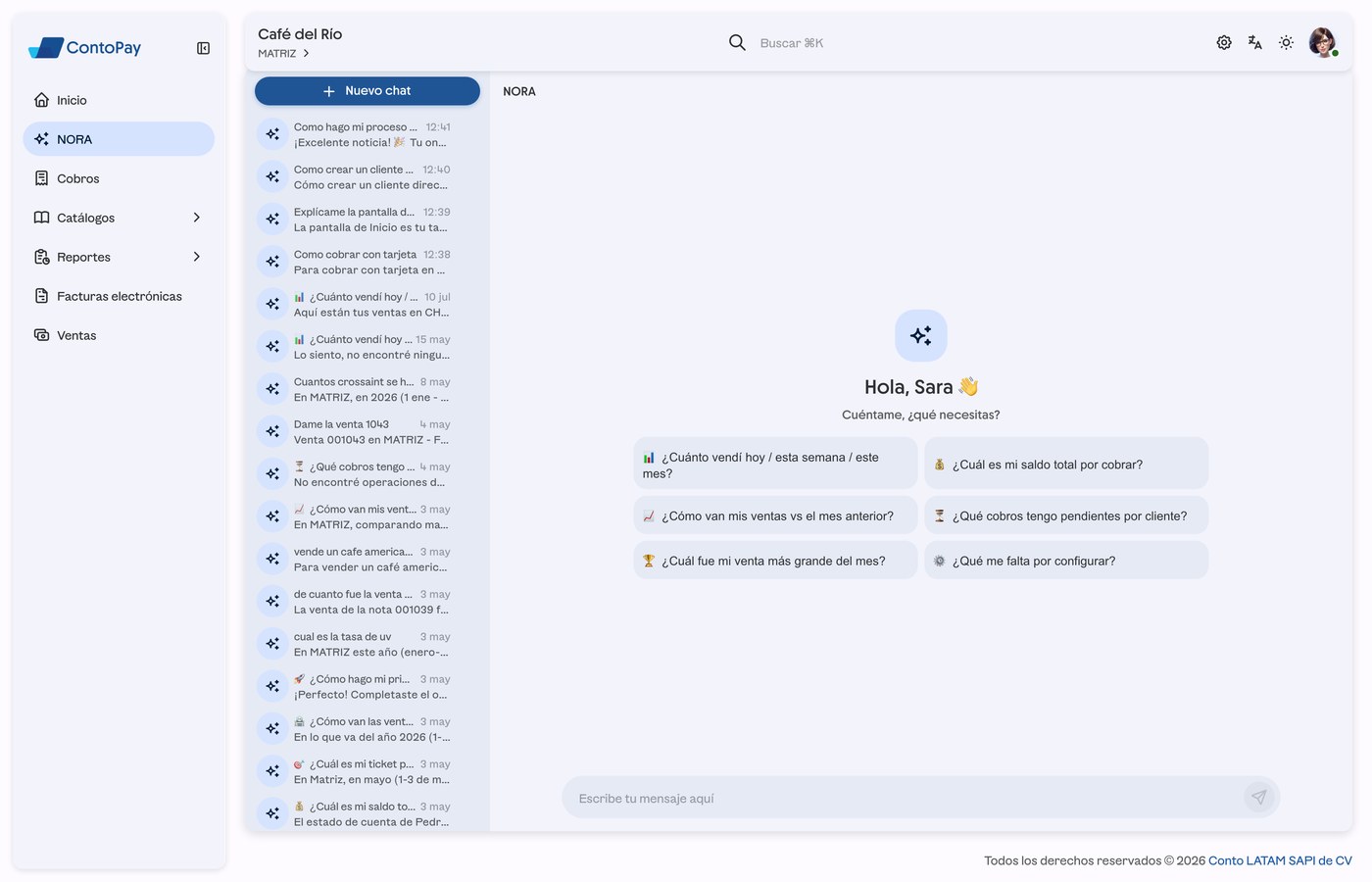 Nuevo chat de NORA en ContoPay web mostrando preguntas sugeridas.