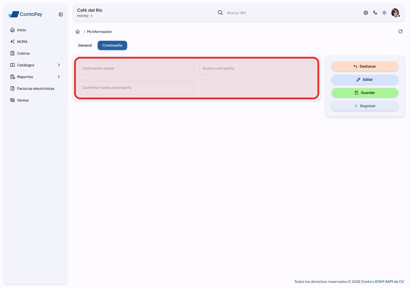 Pantalla de contraseña de ContoPay web con los campos de contraseña resaltados en rojo.
