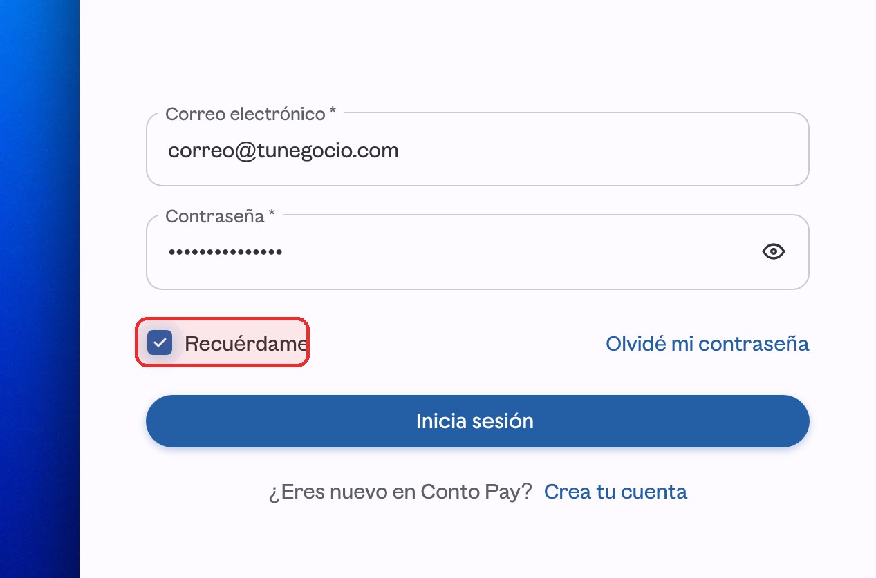 Formulario de ContoPay con la casilla Recuérdame marcada, resaltada en rojo.