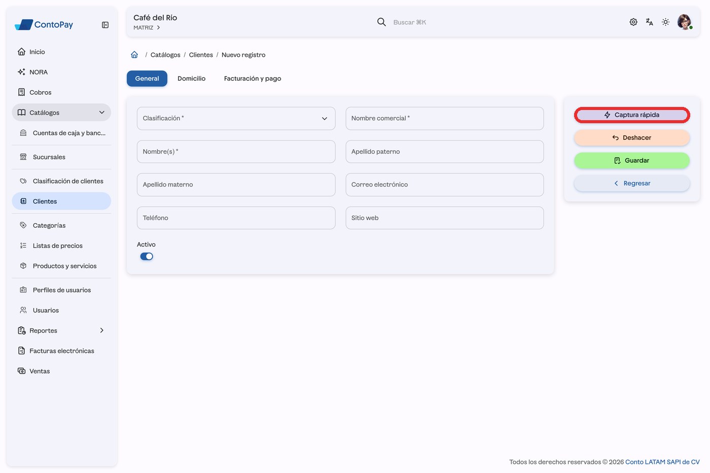Formulario de nuevo cliente de ContoPay web con el botón Captura rápida resaltado en rojo.