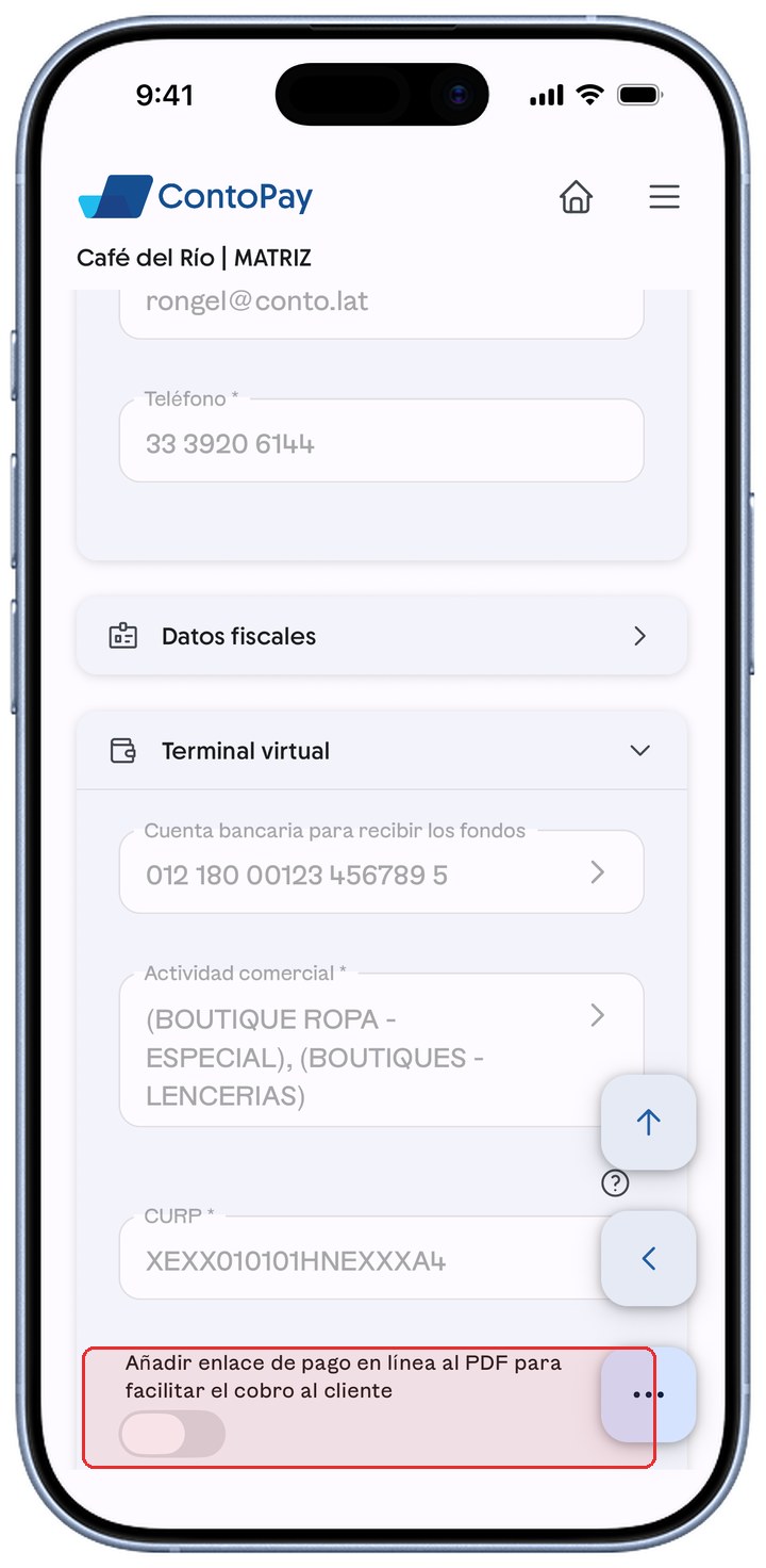 Sección Terminal virtual de ContoPay con el switch de enlace de pago resaltado en rojo.