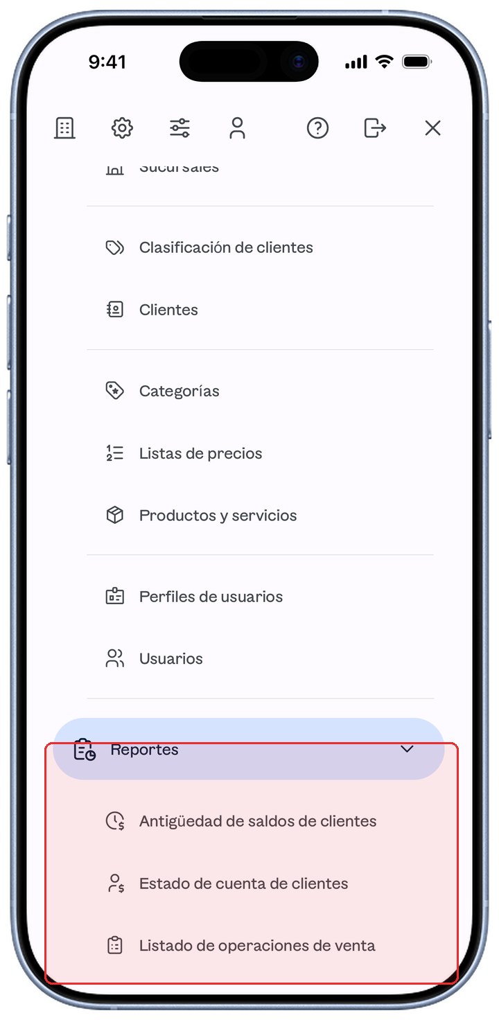 Menú de ContoPay con la sección Reportes desplegada resaltada en rojo.