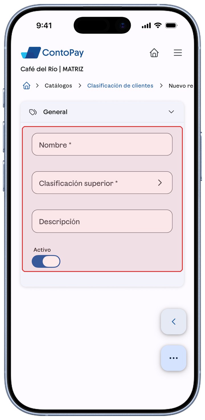 Formulario de clasificación de ContoPay con Nombre, Clasificación superior, Descripción y Activo resaltados en rojo.