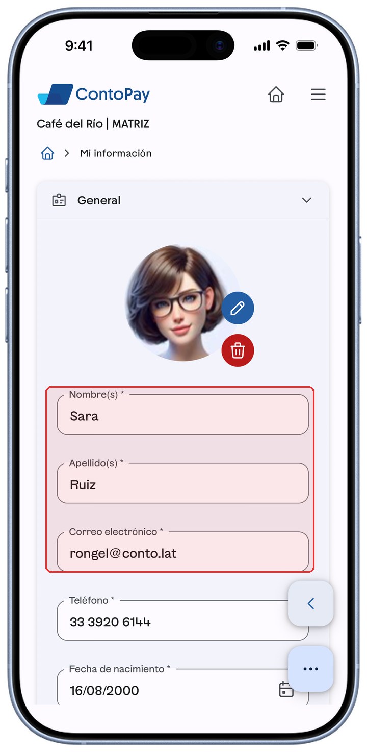 Formulario de Mi información de ContoPay en modo edición con los campos resaltados en rojo.