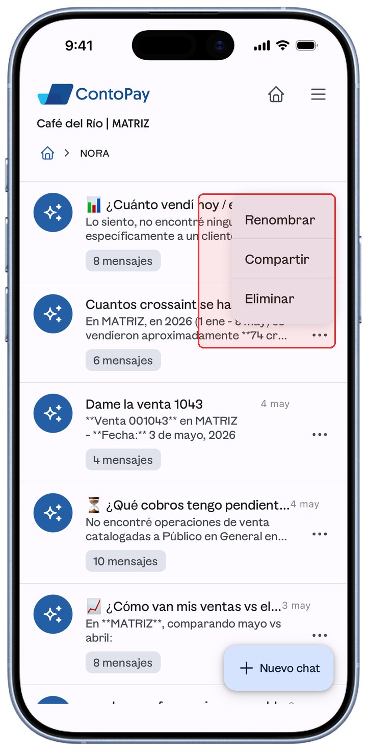 Menú de acciones de un chat de NORA con Renombrar, Compartir y Eliminar resaltados en rojo.