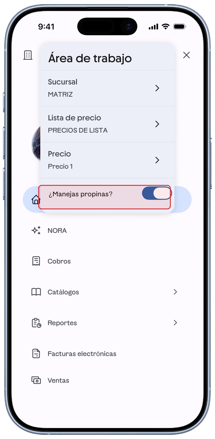Panel Área de trabajo de ContoPay con el switch de propinas encendido resaltado en rojo.