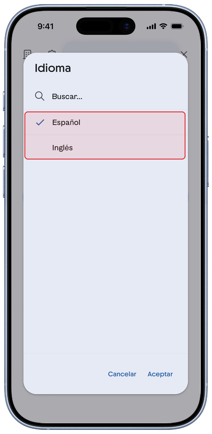 Selector de idioma de ContoPay con las opciones Español e Inglés resaltadas en rojo.