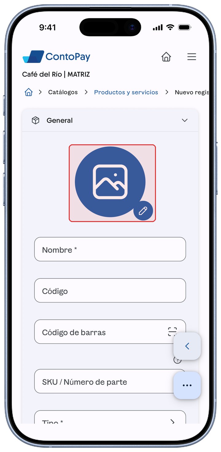 Formulario de producto de ContoPay con la foto y el lápiz de editar resaltados en rojo.