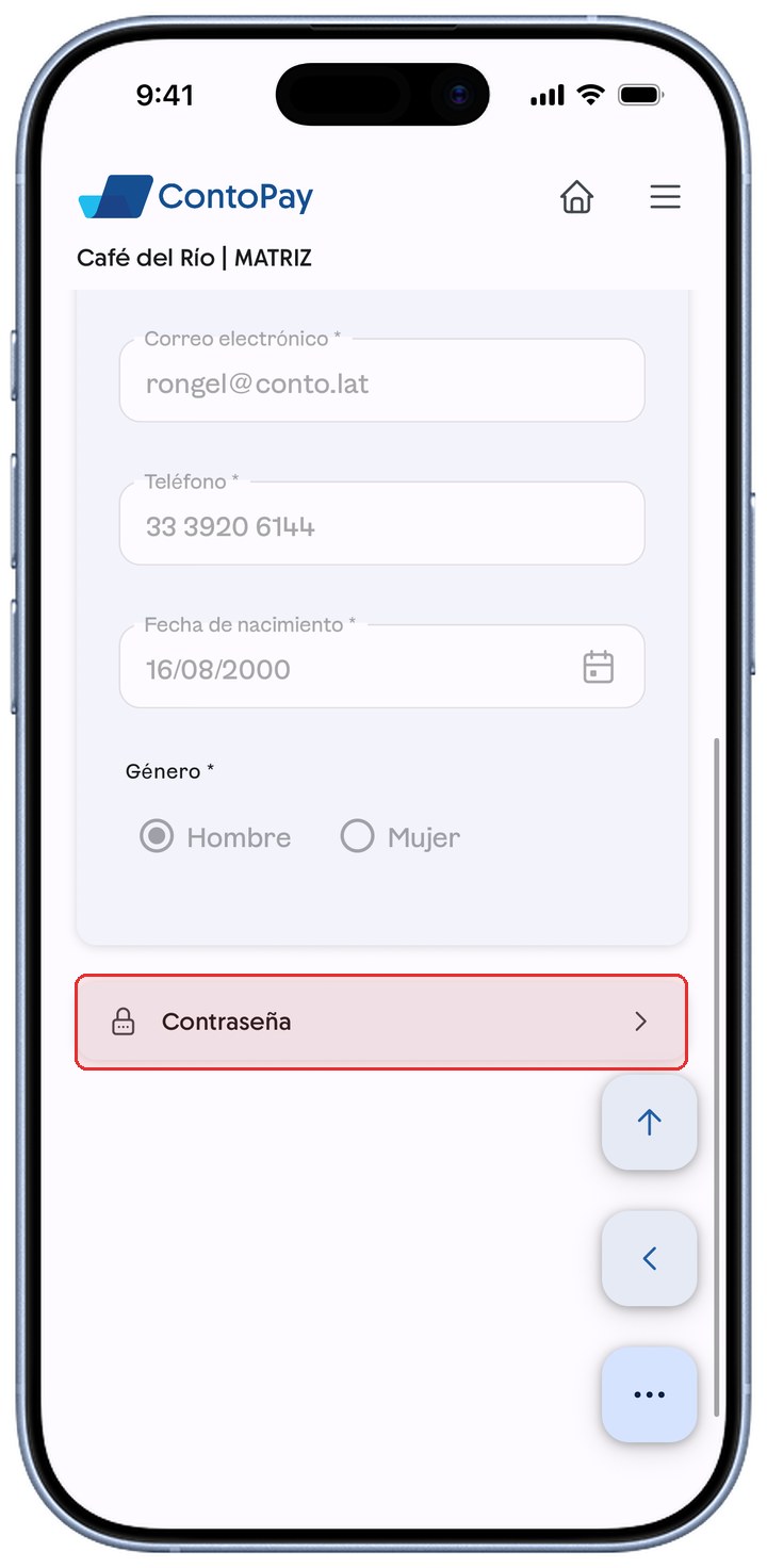 Pantalla Mi información de ContoPay con la sección Contraseña resaltada en rojo.