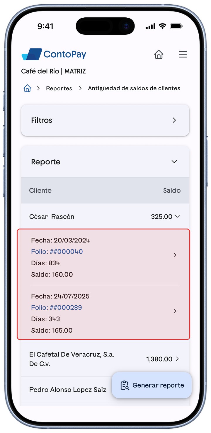 Detalle desplegado de un cliente en ContoPay con Fecha, Folio, Días vencidos y Saldo resaltados en rojo.