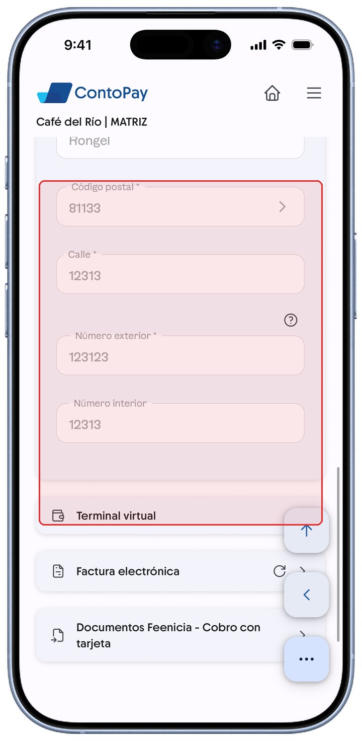 Sección Datos fiscales de ContoPay con Código postal, Calle y Número exterior resaltados en rojo.