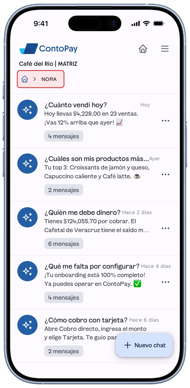 Pantalla NORA de ContoPay con la migaja resaltada en rojo.