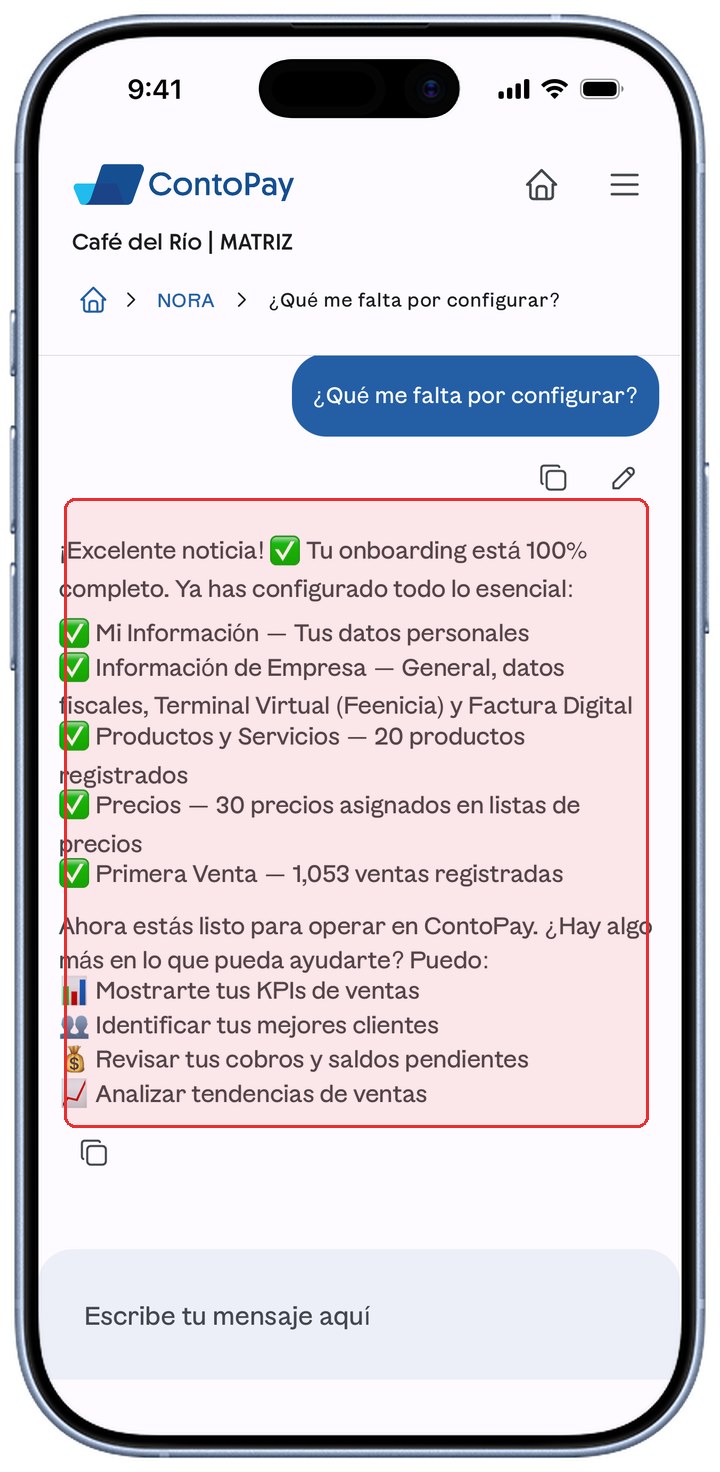 Conversación con NORA en ContoPay con la respuesta de ejemplo resaltada en rojo.