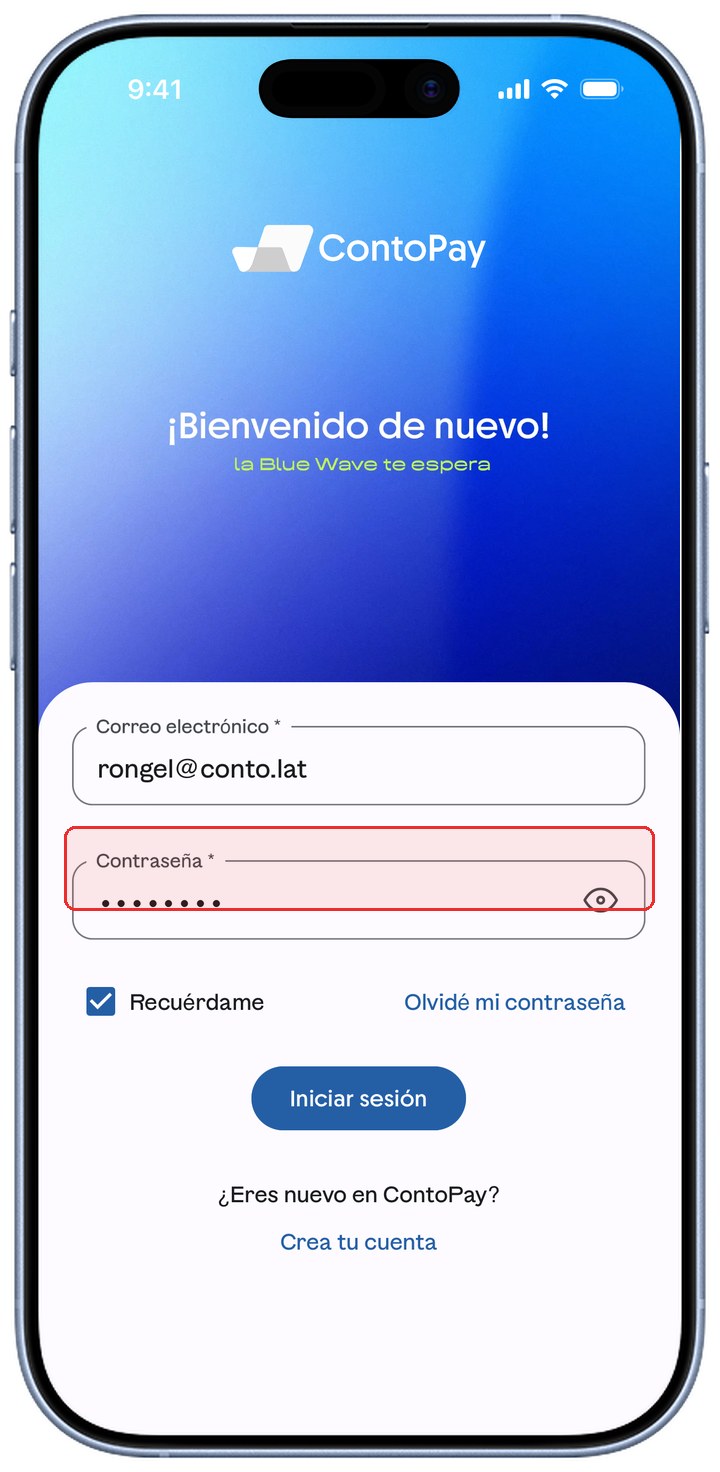 Pantalla de inicio de sesión de ContoPay con el campo Contraseña resaltado en rojo.
