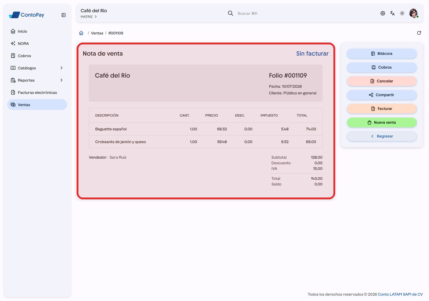 Nota de venta de ContoPay web resaltada en rojo.