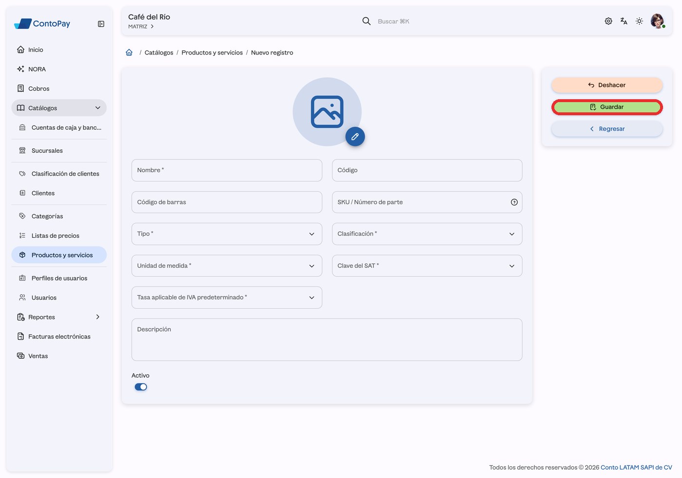 Formulario de nuevo producto de ContoPay web con el botón Guardar resaltado en rojo.