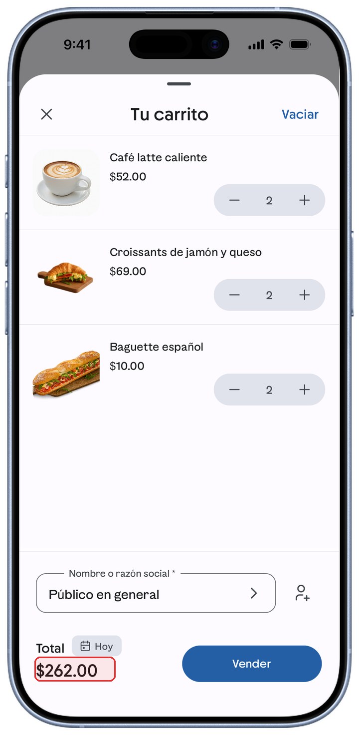 Pantalla Tu carrito de ContoPay con el Total resaltado en rojo.