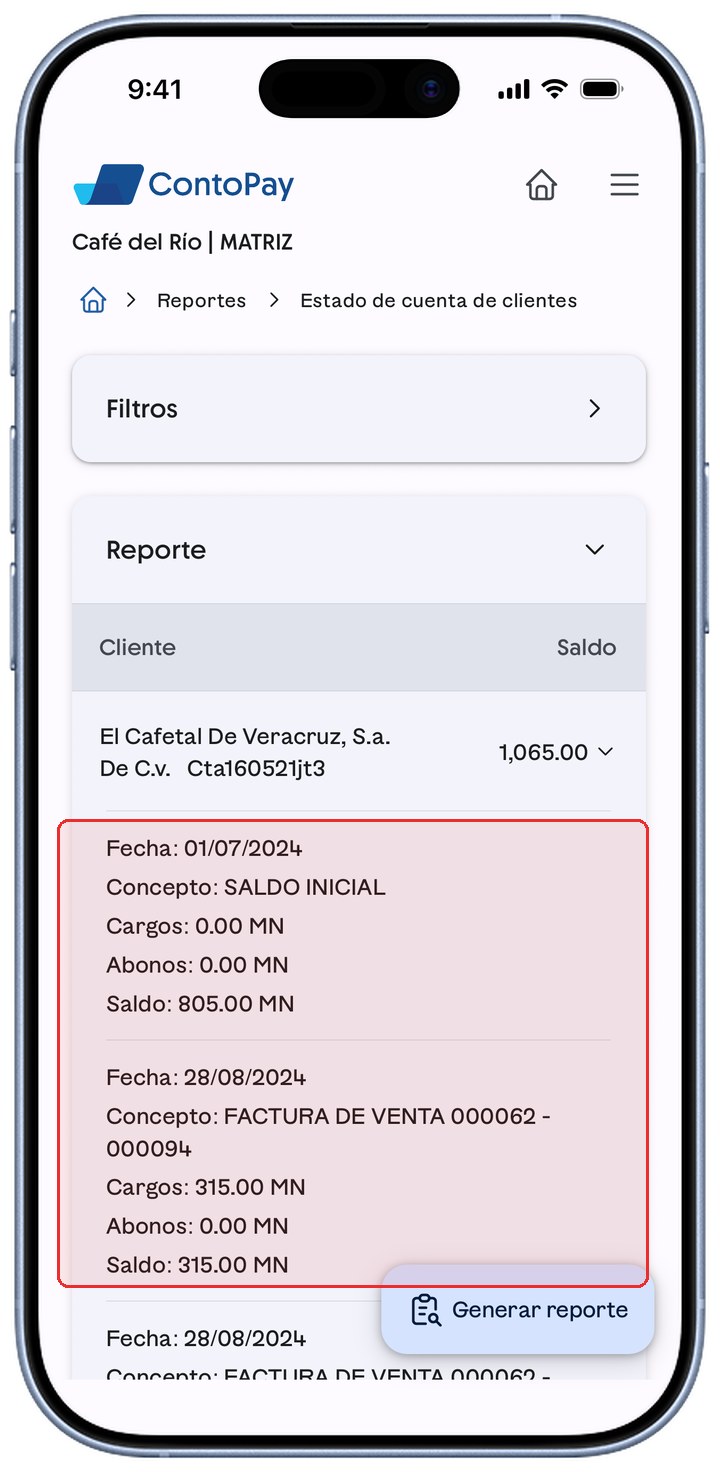 Movimientos desplegados de un cliente en ContoPay con Fecha, Concepto, Cargos, Abonos y Saldo resaltados en rojo.