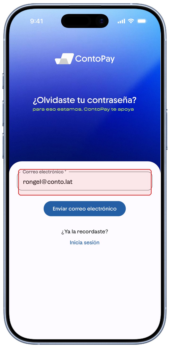 Pantalla de recuperación de ContoPay con el campo Correo electrónico resaltado en rojo.