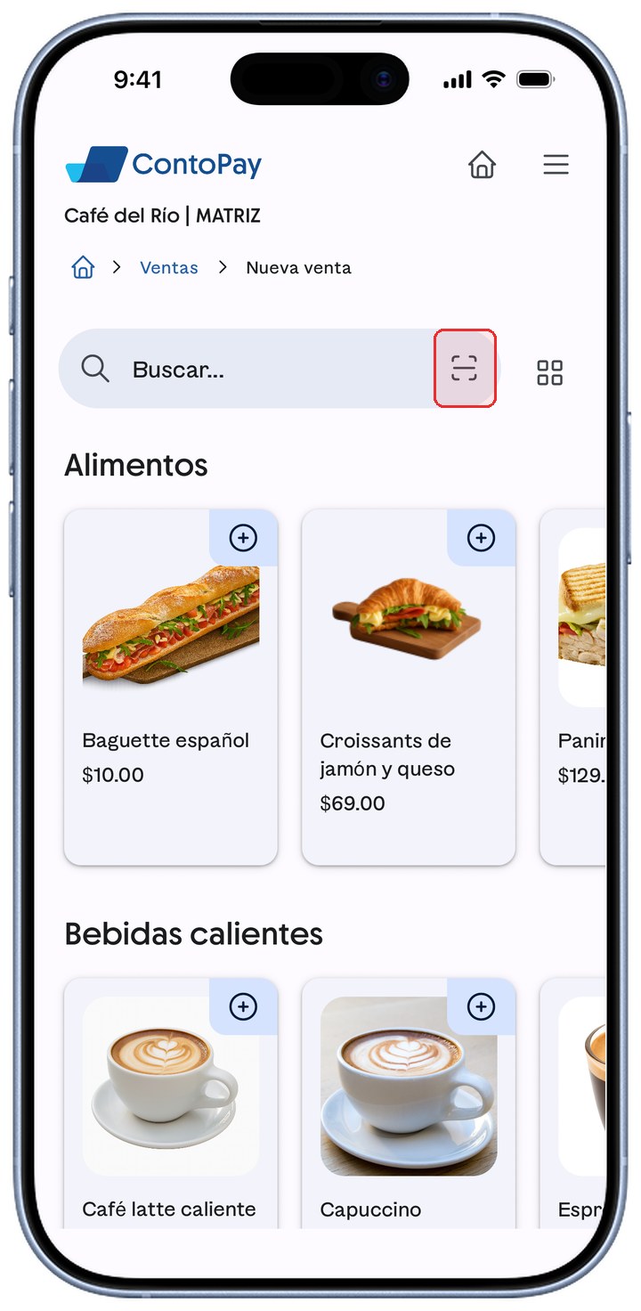 Catálogo de Nueva venta de ContoPay con el ícono de código de barras resaltado en rojo.