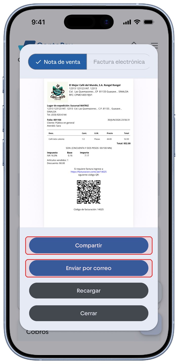 Visor PDF de la nota de venta de ContoPay con los botones Compartir y Enviar por correo resaltados en rojo.
