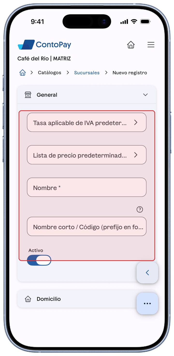 Formulario de sucursal de ContoPay con los campos generales resaltados en rojo.
