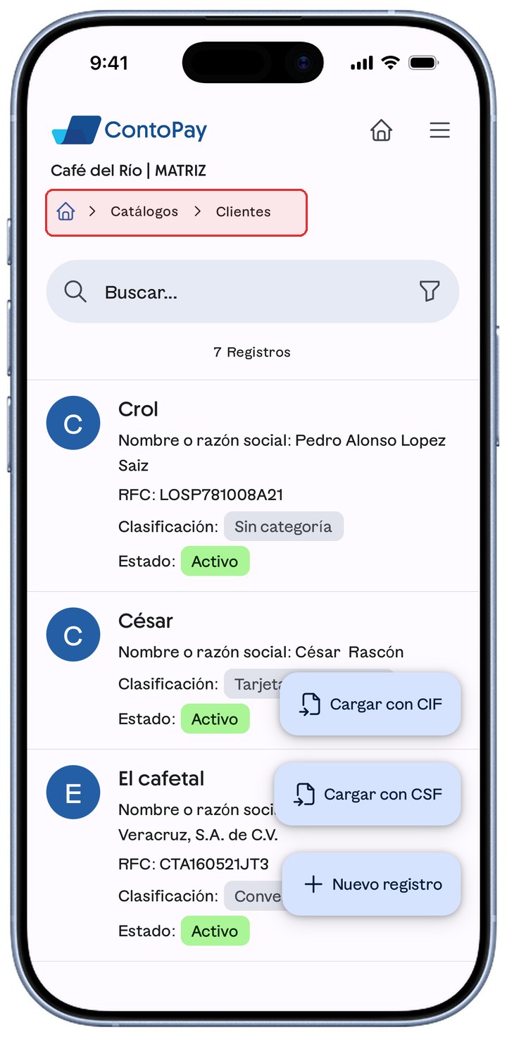 Catálogo de Clientes de ContoPay con la migaja resaltada en rojo.