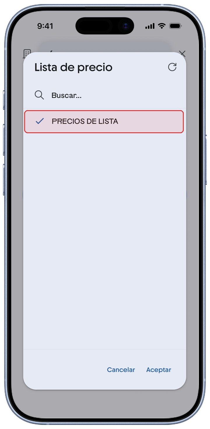 Selector de Lista de precio de ContoPay con la opción PRECIOS DE LISTA resaltada en rojo.