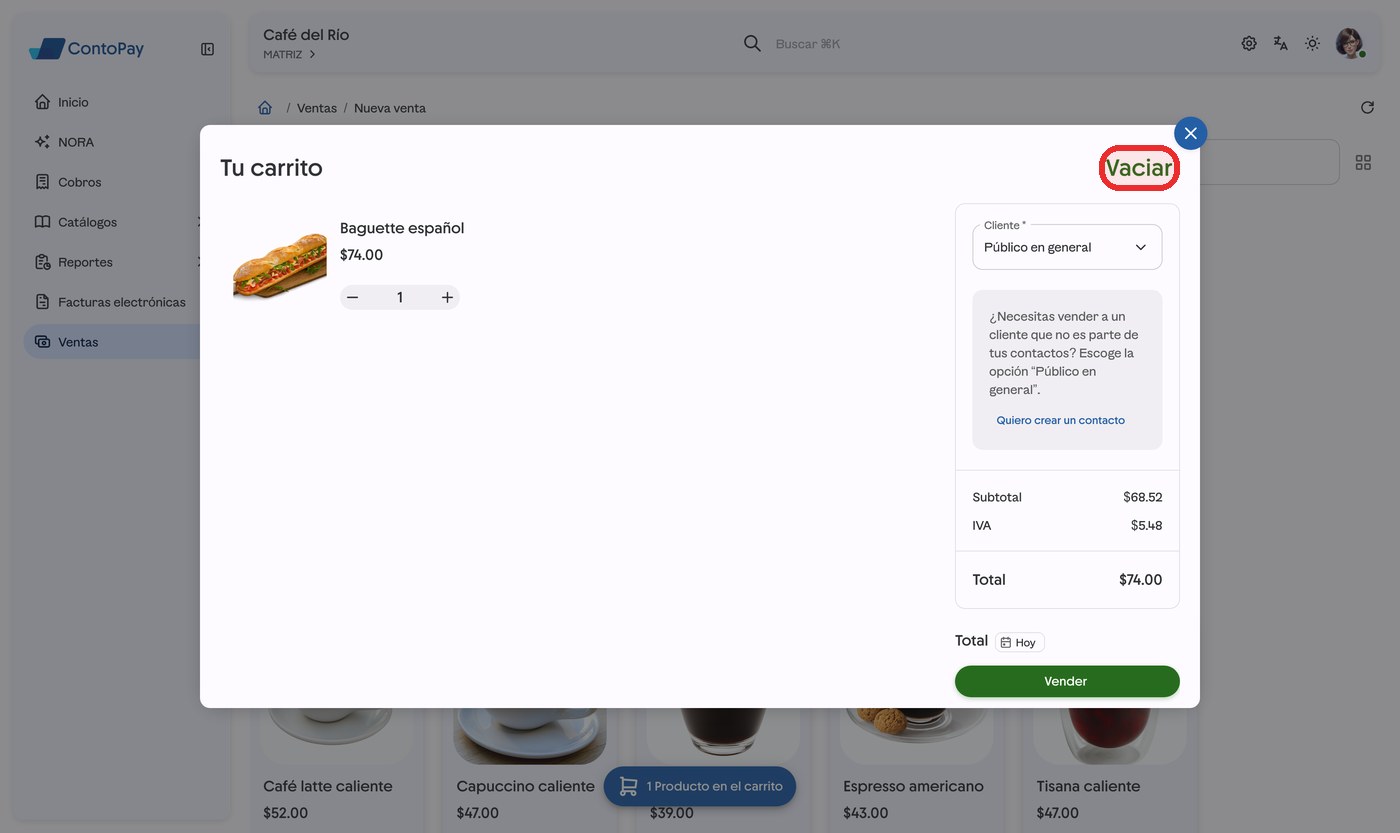 Carrito de Nueva venta de ContoPay web con el enlace Vaciar resaltado en rojo.
